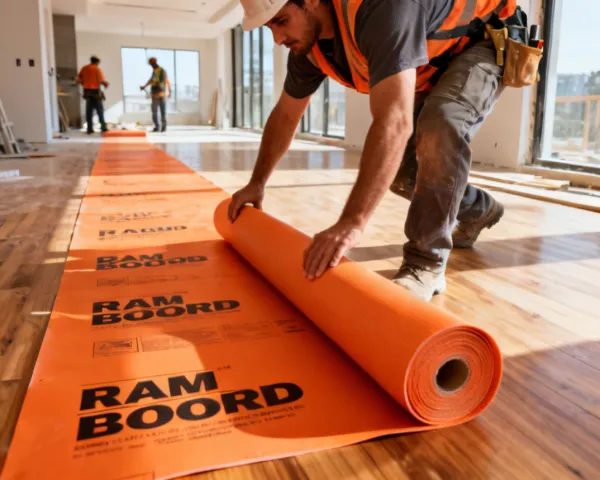 Ram Board floor protection being installed on a construction site